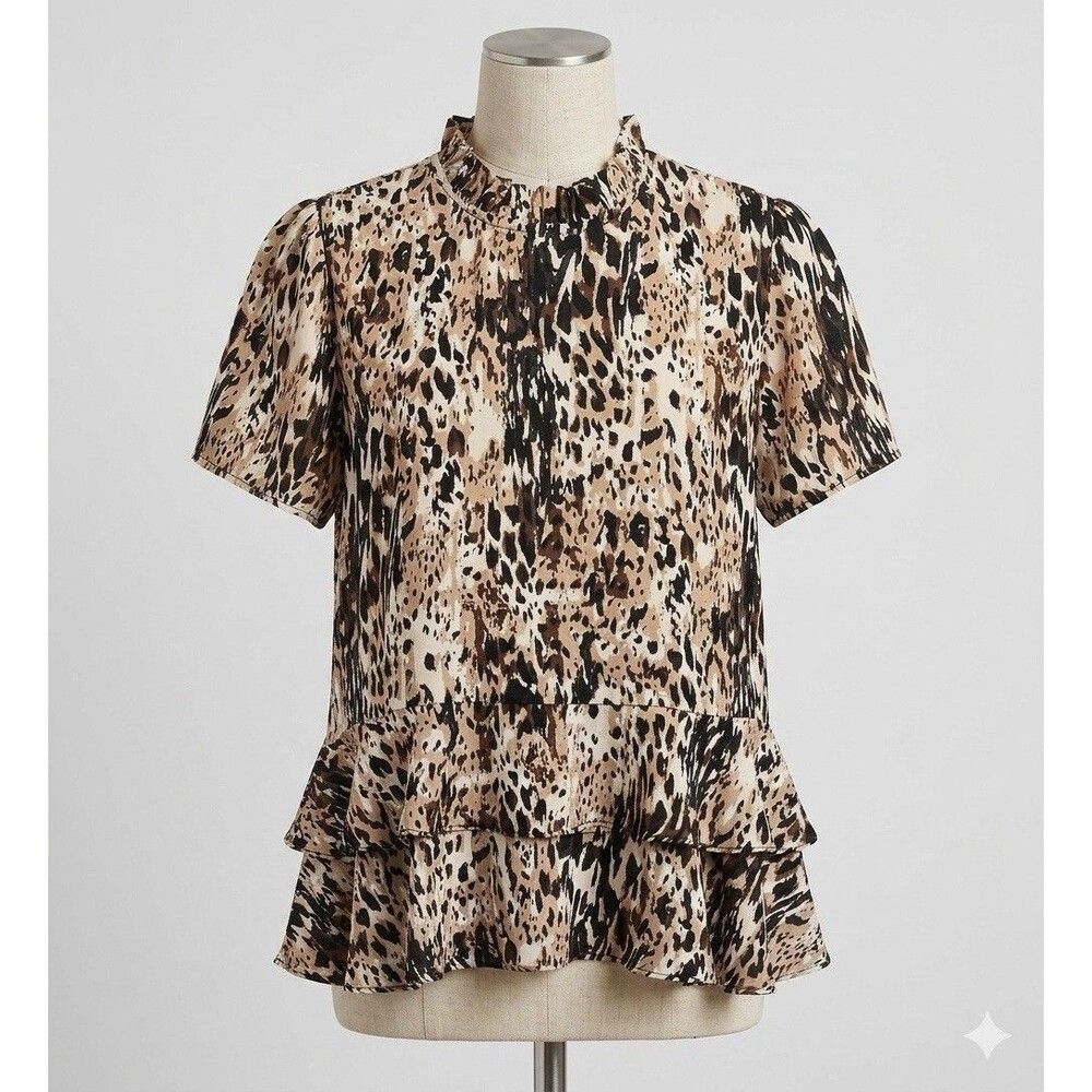 Veronica M Animal Print Ruffle Tiered Top Small Leopard Georgette Boho Blouse